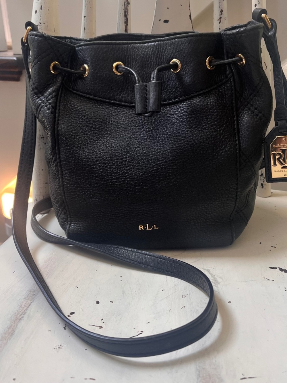 Lauren Ralph Lauren RLL Black Leather Bucket Bag Crossbody Gold Tone